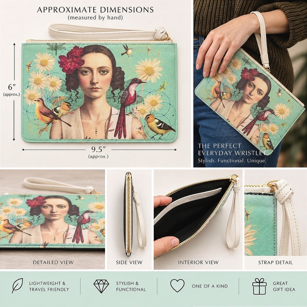 Artist Designed Wristlet Clutch Green Surrealist Bird Floral NEW OOAK